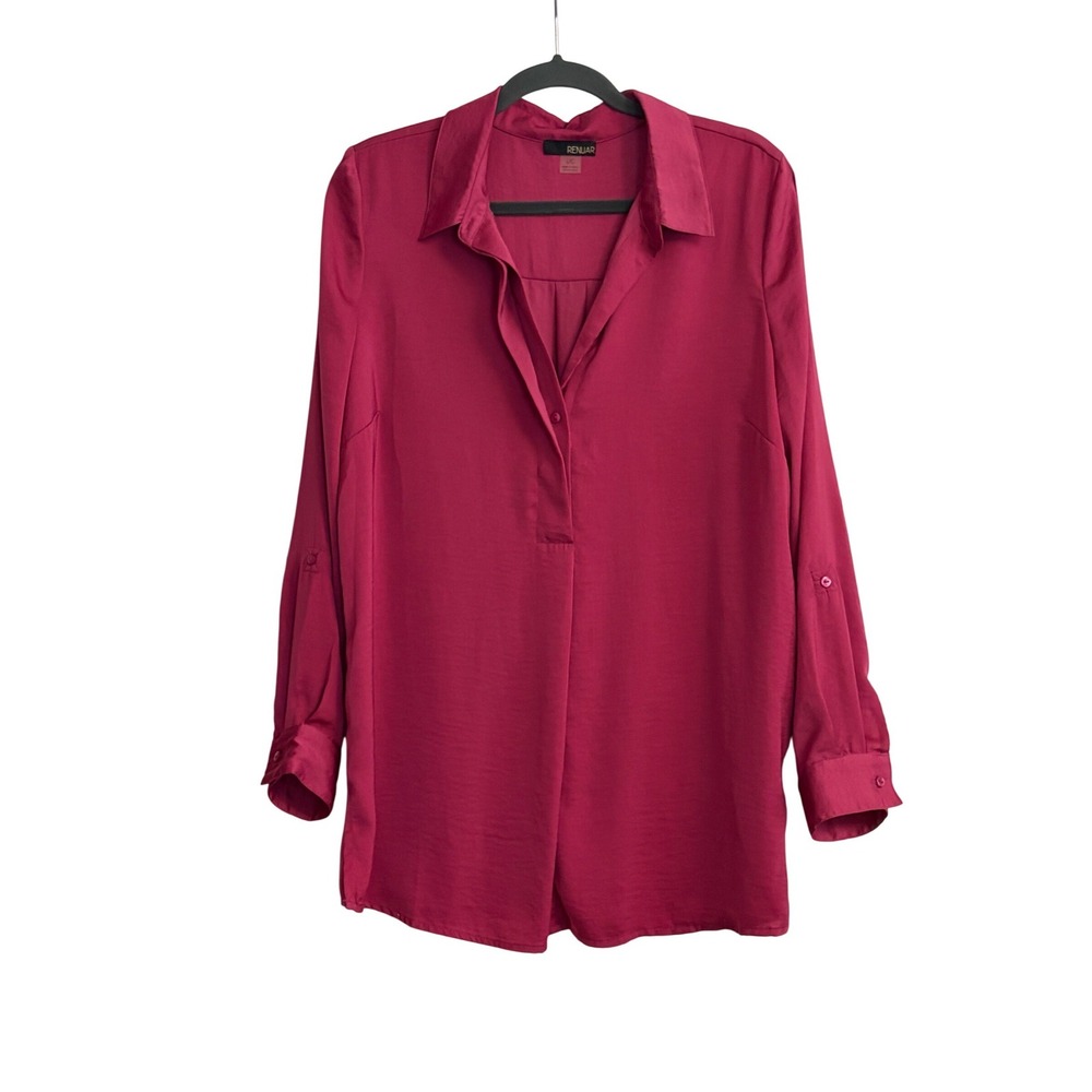 Renuar Magenta Purple Satin Roll Tab Sleeve Tunic Blouse Shirt Sz Large Office